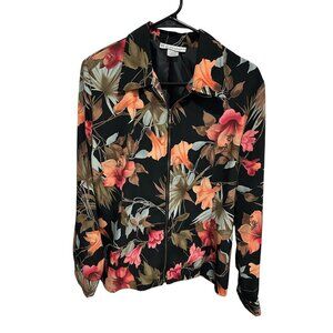 Dressbarn Black Orange Lightweight Floral Zip Up Blouse Size M Boho Gorpcore